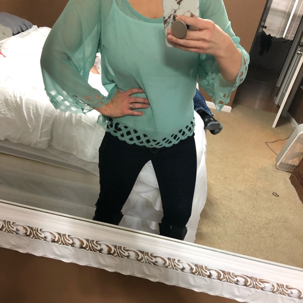 Teal cut out detail blouse